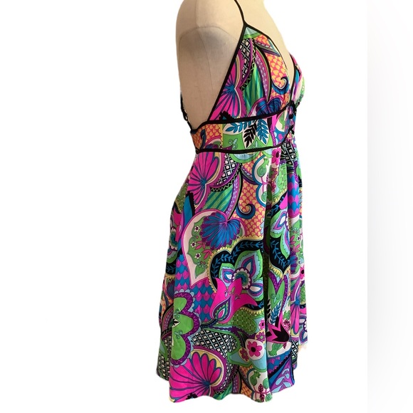 BOSTON PROPER VINTAGE Y2K NEON SILK FLORAL HALTER DRESS. MADE IN THE U.S… - Picture 3 of 12